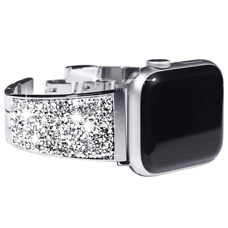 NewWays for Apple Watch Band Series 10 46mm 45mm 44mm, Sparkling Bling Crystal Bracelet for Women iWatch SE Series 10 9 8 7 6 5 4 SE 3 2 1, Silver - Image 1